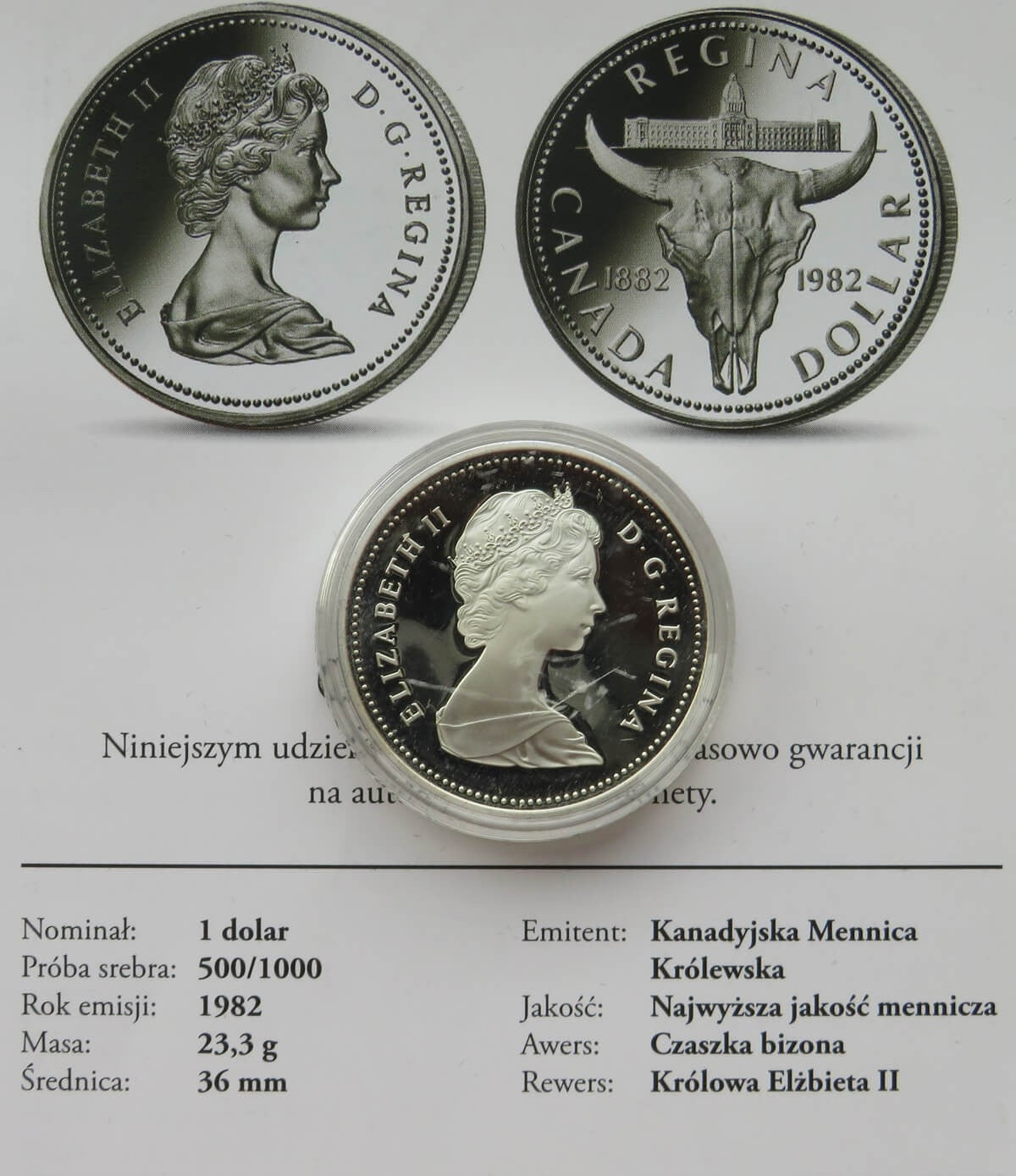 Kanada, 1 Dolar 1982, Bizon, certyfikat, stan 1