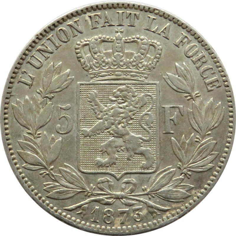 5 franków Leopold Belgia 1873, piękna