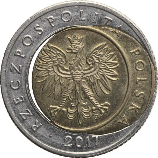 5 złotych, 2017, destrukt, niecentryczny rozlany rdzeń