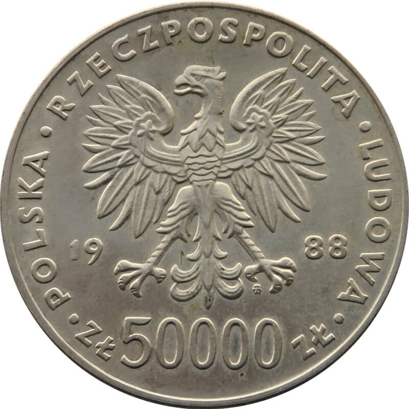 50.000 złotych Piłsudski 70 rocznica niepodległości, 1988, Srebro Ag