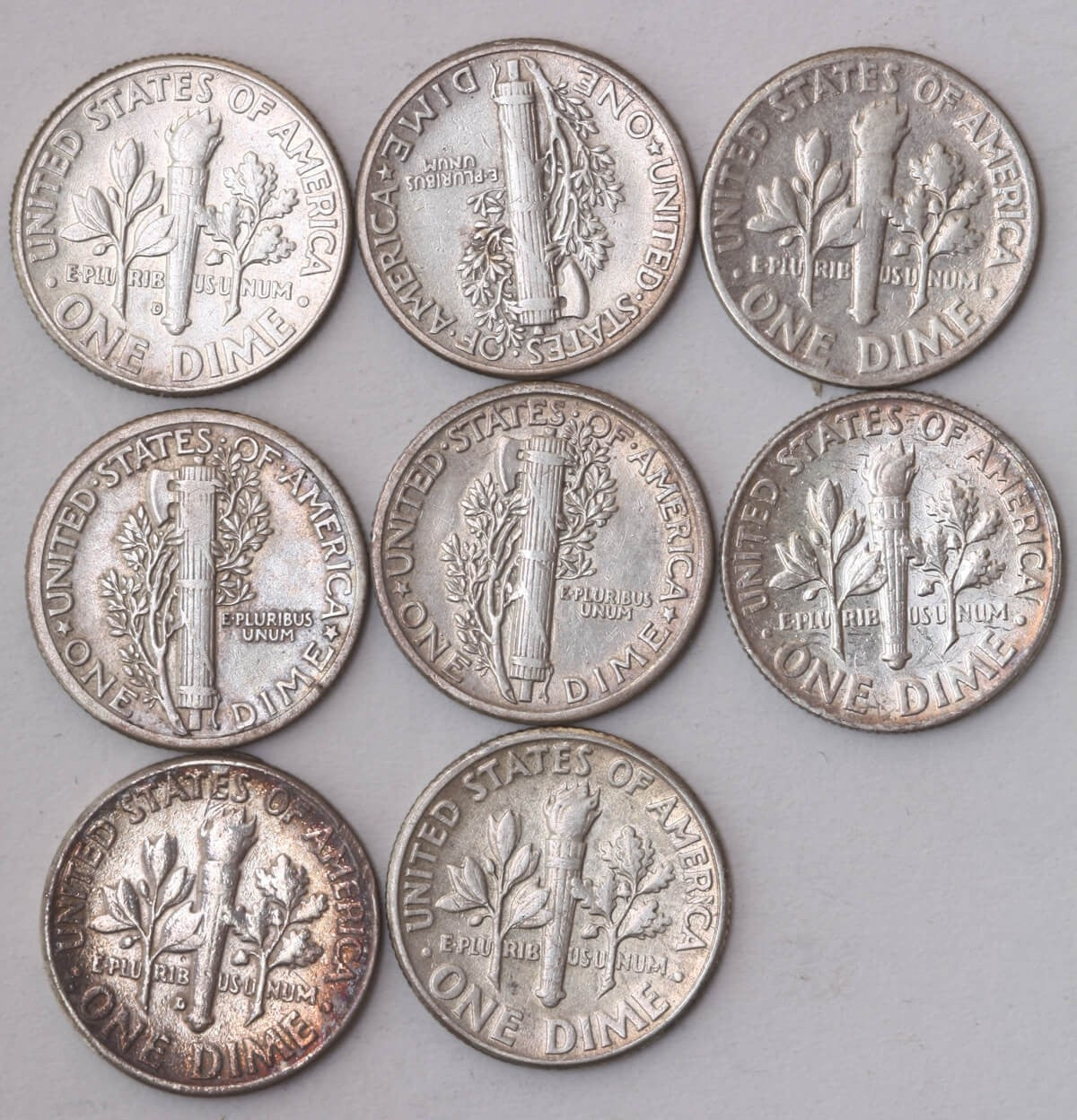 8 x one dime (10 centów), srebro Ag900, różne roczniki 1917-1963