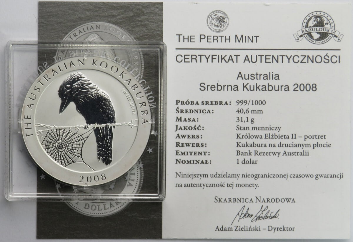 Australia, 1 dolar, Kukabura, 2008, srebro Ag999, 1OZ, st. 1, certyfikat