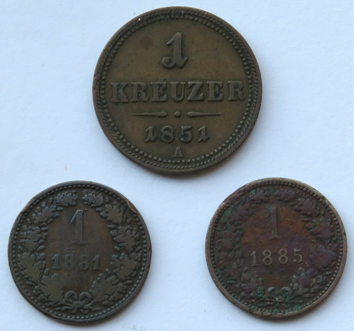 Austria, 1 krajcar 1851 A + 2 x 1 krajcar Austro-węgry,  1881 i 1885 r.