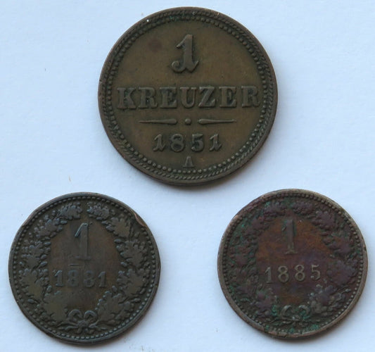 Austria, 1 krajcar 1851 A + 2 x 1 krajcar Austro-węgry,  1881 i 1885 r.