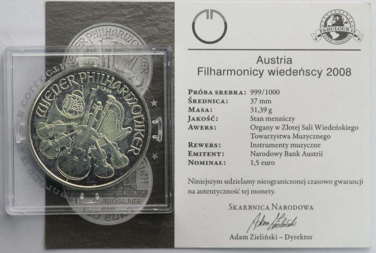 Austria 1,5 Euro 2008 Filharmonicy wiedeńscy, srebro, 1oz, certyfikat