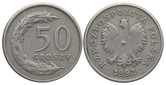 Destrukt, 50 groszy 1992, zanieczyszczony stempel