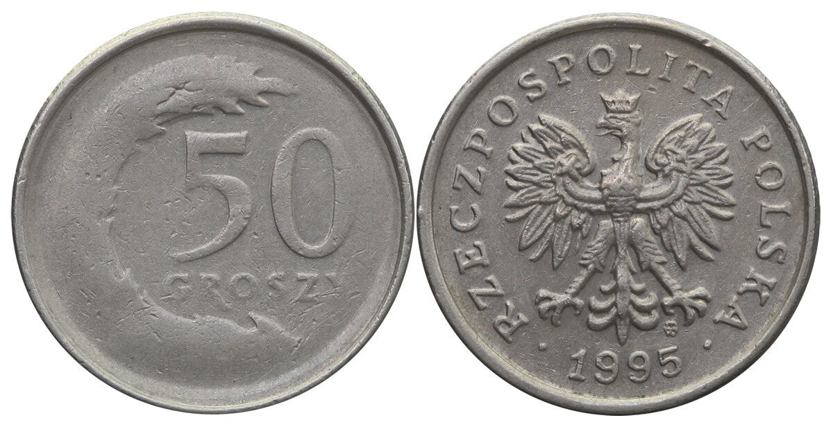 Destrukt, 50 groszy 1995, zanieczyszczony stempel