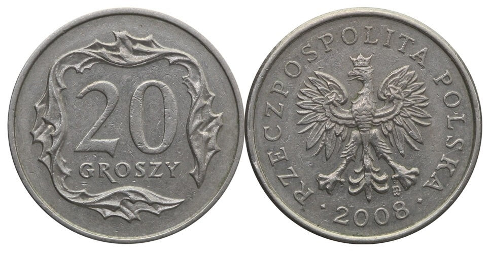 Destrukt, (zanieczyszczony stempel (szpony orła), 20 groszy 2008