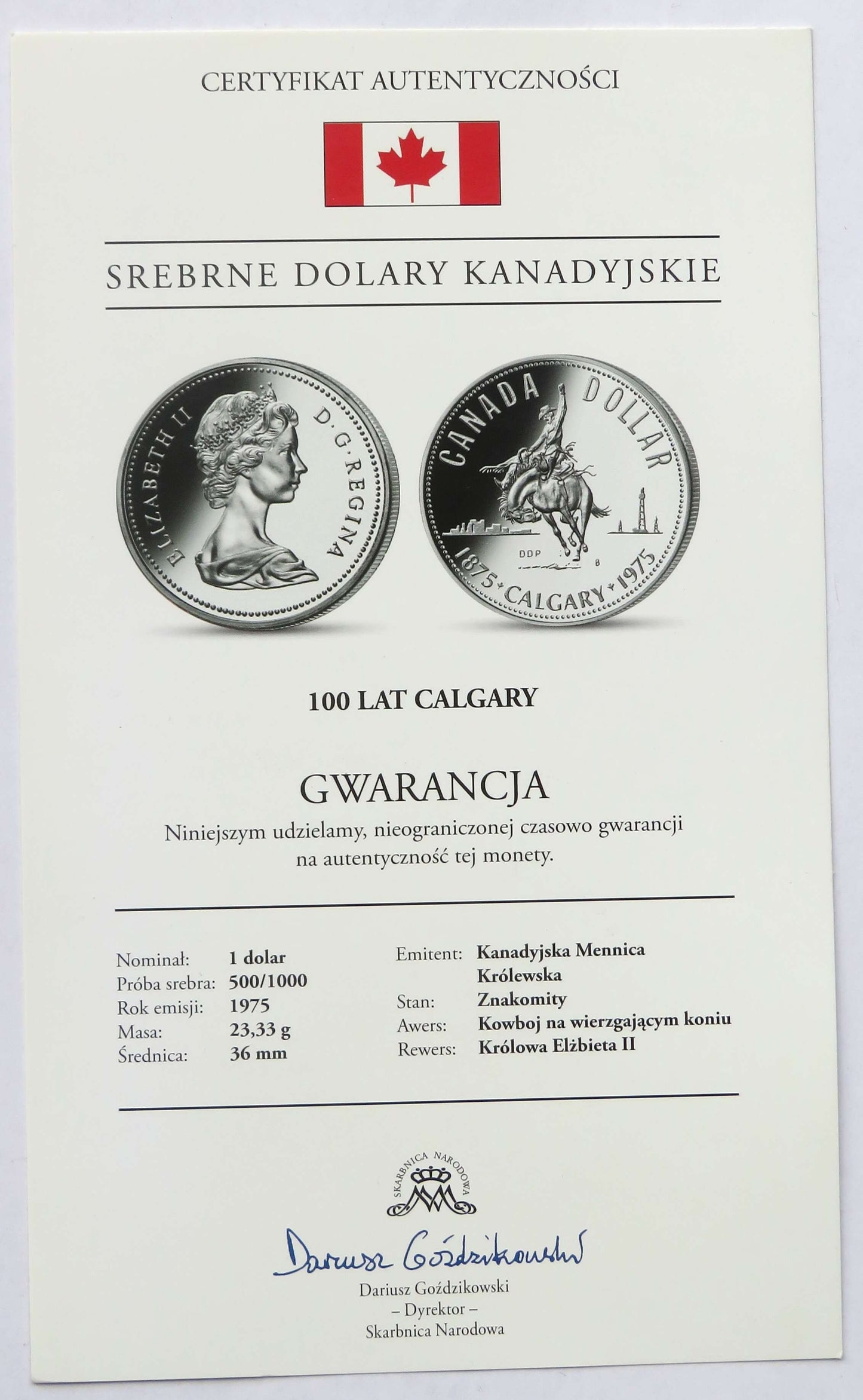 Kanada, 1 dolar 1975, 100 lat Calgary, srebro, certyfikat