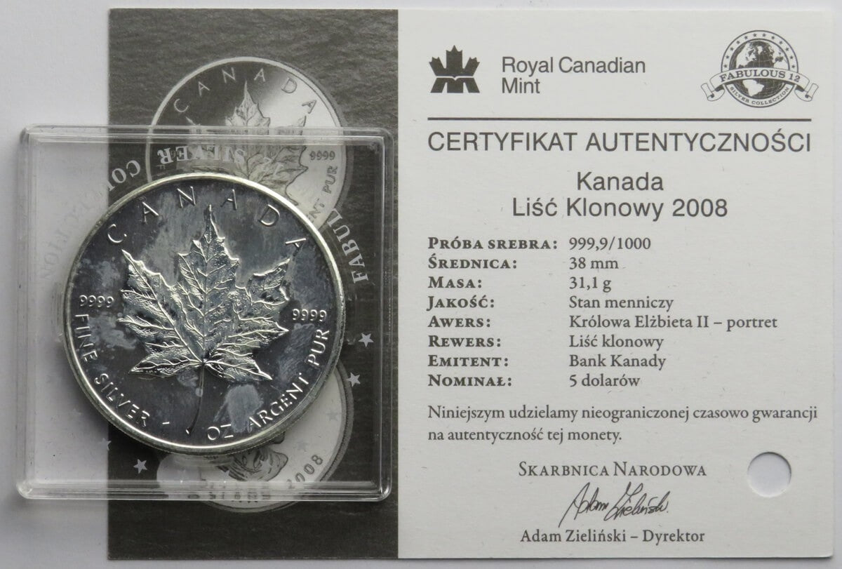 Kanada 5 dolarów Liść klonowy, 2008, Ag999, 1Oz, certyfikat, st. 2