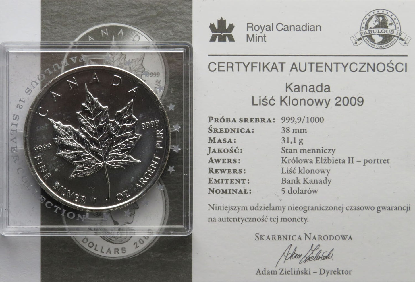 Kanada 5 dolarów Liść klonowy, 2009, Ag999, 1OZ