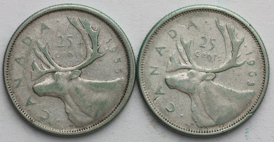 Kanada, Lot: 2 x 25 centów, srebro, 1955, 1963