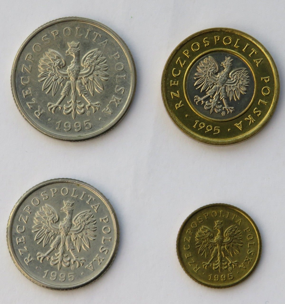 Lot: 1 grosz, 50 groszy, 1 złoty, 2 złote, 1995, stan 1/1-