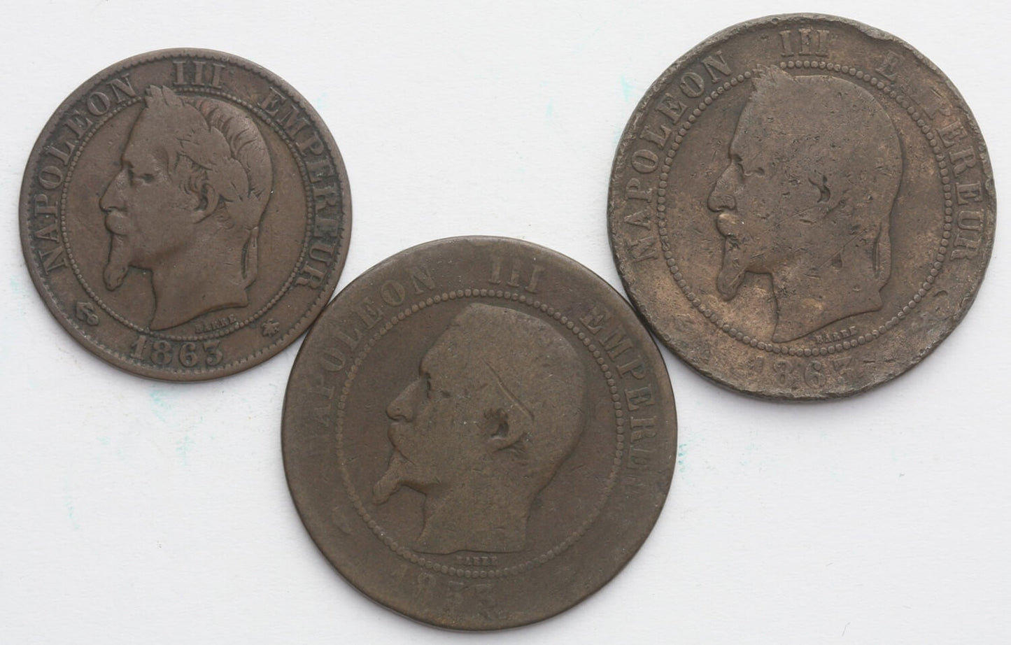 Lot 3 szt. Francja, 5 centymów  + 2 x 10 centymów 1857/63, st. 4