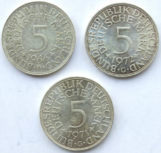 Lot 3 x 5 marek Niemcy 1966, 1971, 1972, srebro