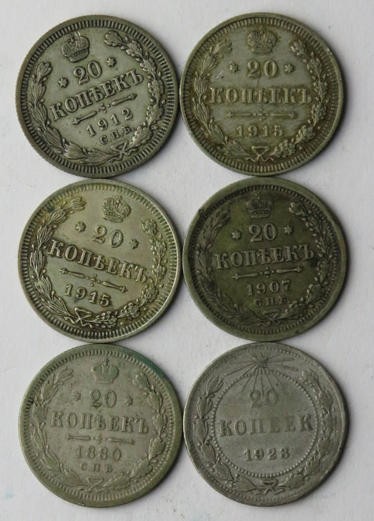 Lot 6 x Rosja 20 kopiejek, srebro, różne roczniki