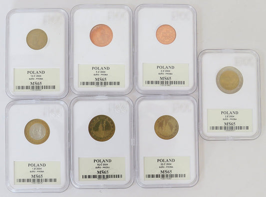 Lot: 7 x polskie monety próbne euro, 2004, GCN MS65