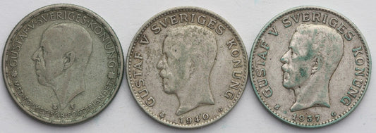 Lot, Szwecja 3 x 1 korona, 1937,1940, 1946, srebro