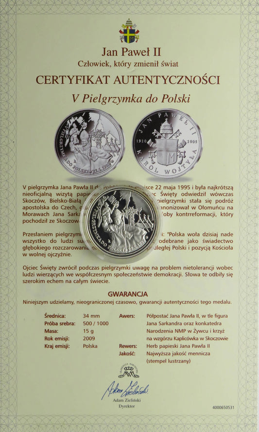 Medal, Jan Paweł II V pielgrzymka do Polski, srebro, certyfikat