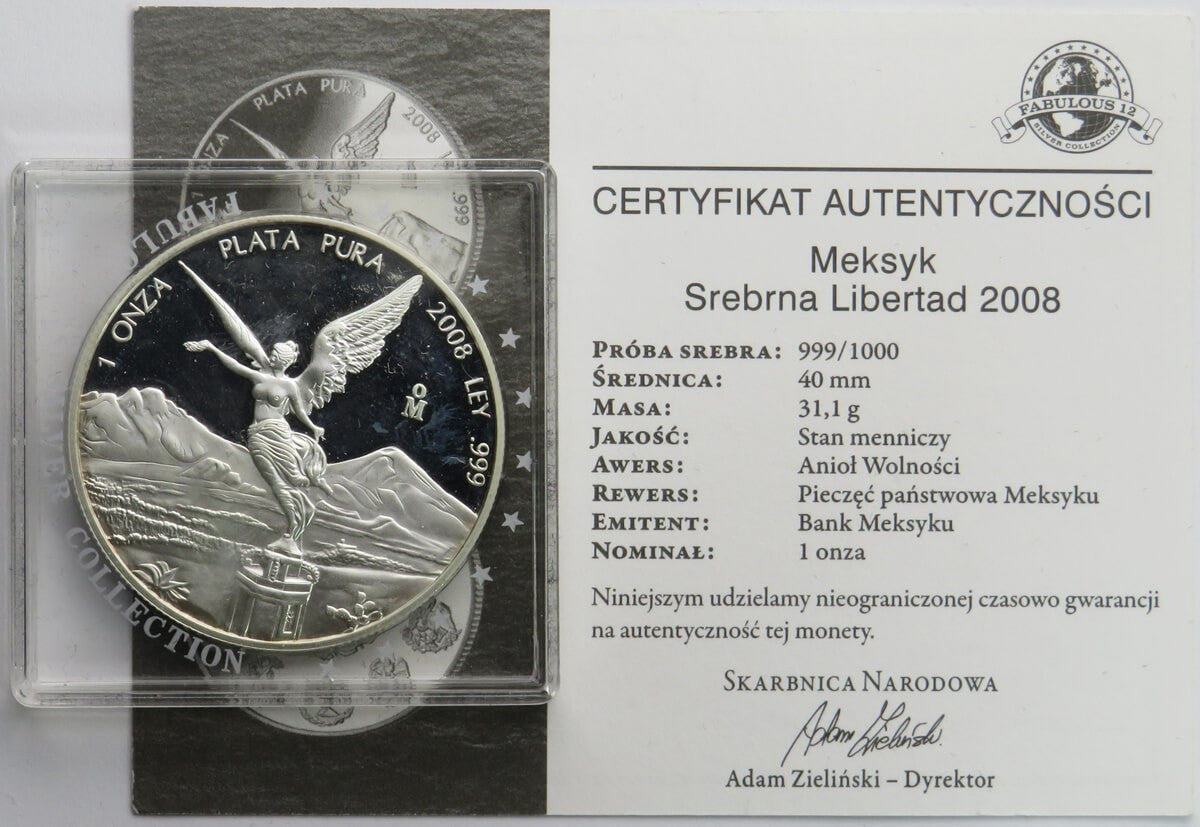 Meksyk 1 onza Libertad 2008, Anioł Wolności, 1Oz, Ag999, certyfikat