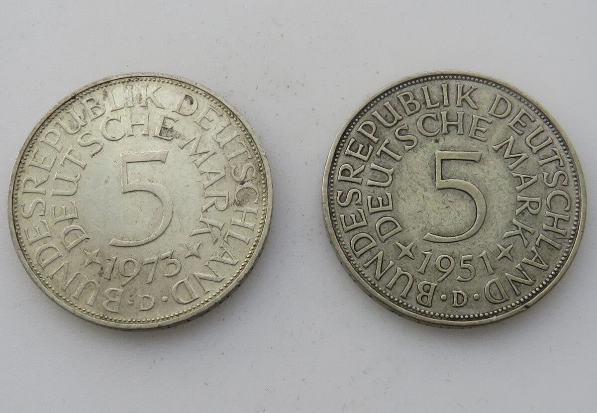 Niemcy 2 x 5 marek 1951 D, 1973 D, stan 2