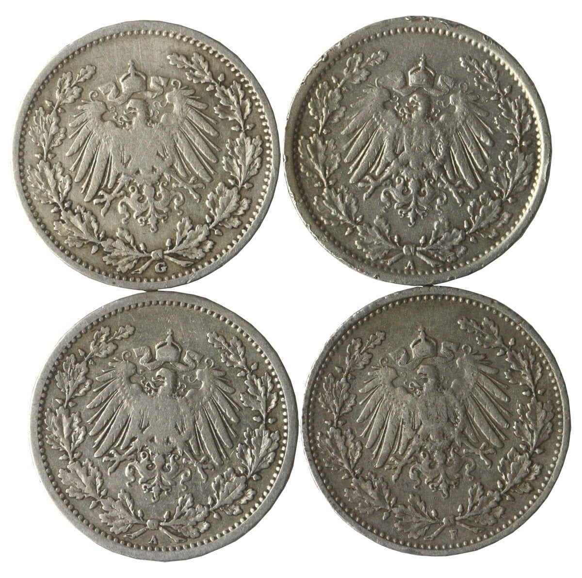 Niemcy, 4 x 1/2 marki, różne roczniki: 1905(G), 1905(F), 1906(A), 1917(A), srebro