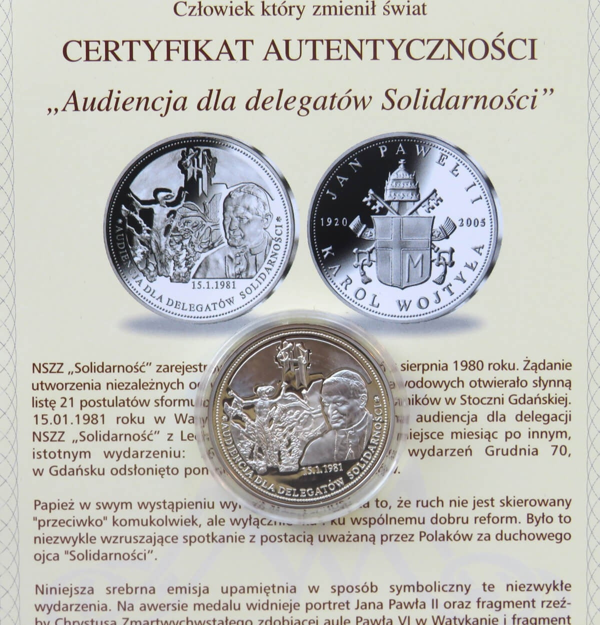 Polska, medal Audiencja dla delegatów Solidarności, certyfikat