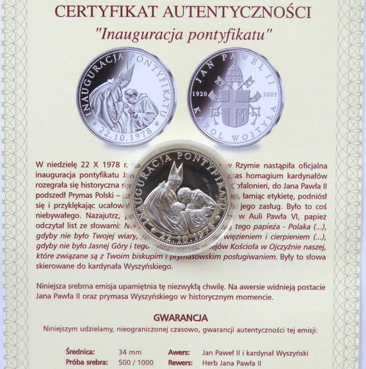 Polska, medal Inauguracja pontyfikatu, certyfikat