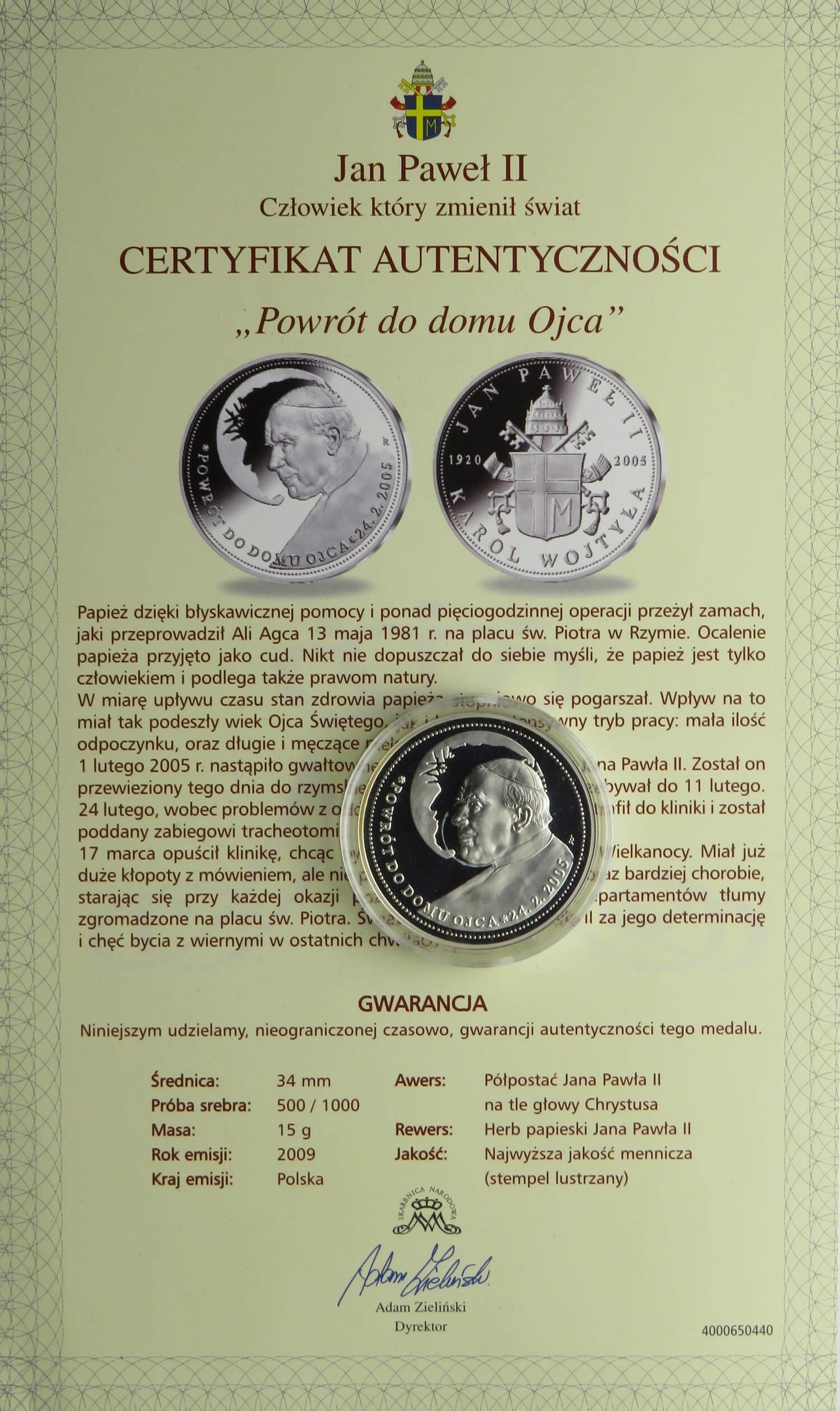 Polska, medal Jan Paweł II, Powrót do domu Ojca, srebro, certyfikat