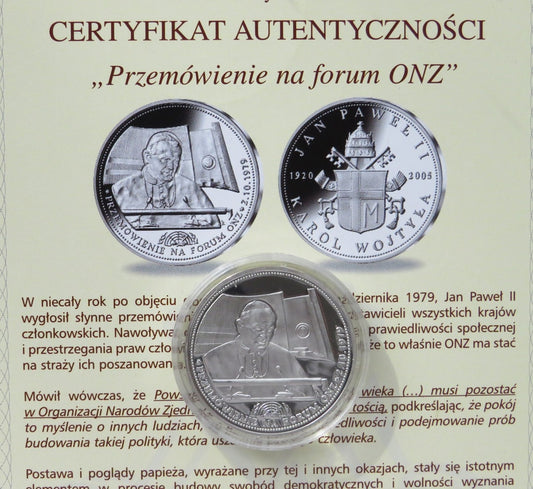 Polska, medal Jan Paweł II, Przemówienie na forum ONZ. certyfikat