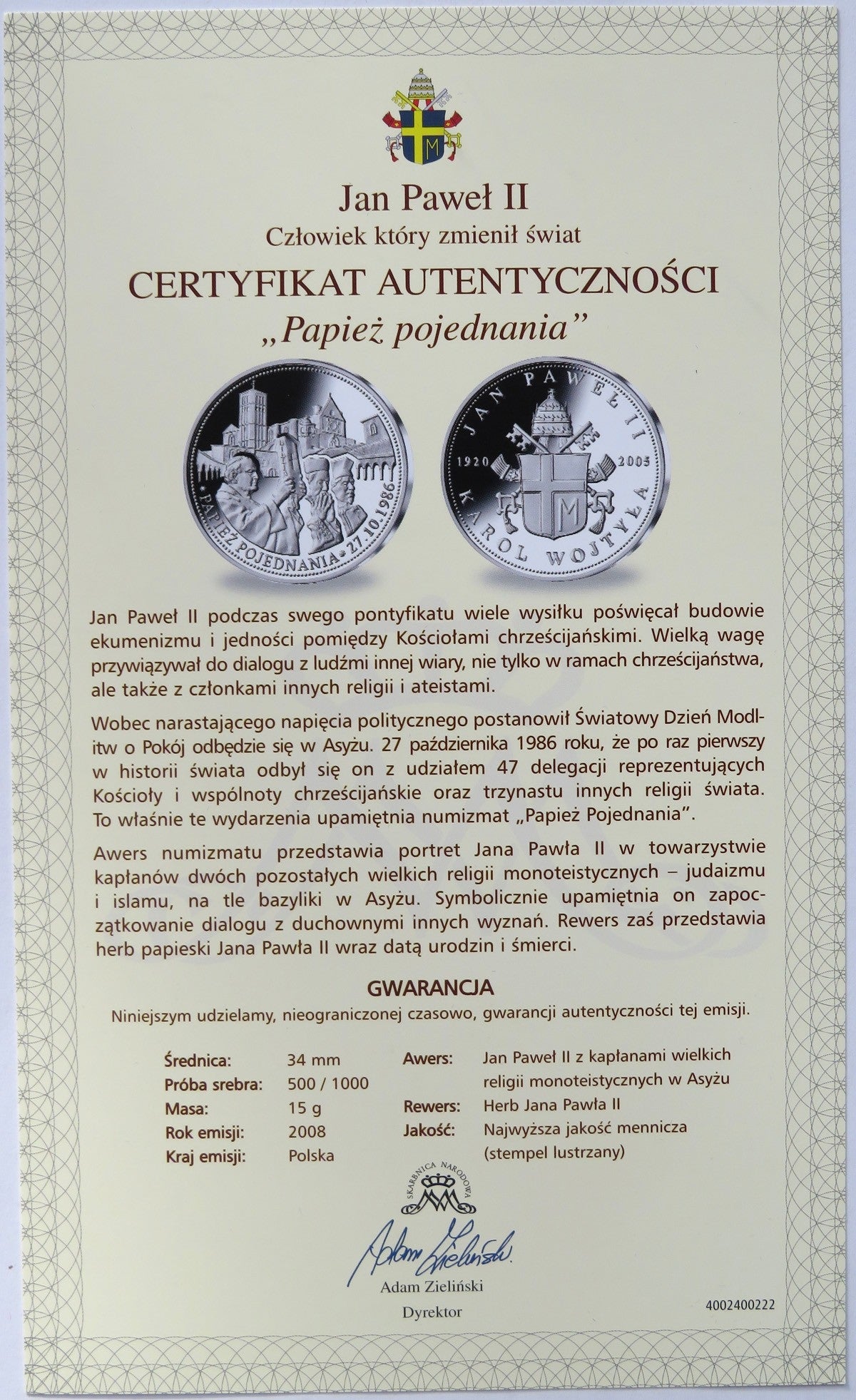 Polska, medal Papież pojednania, srebro certyfikat