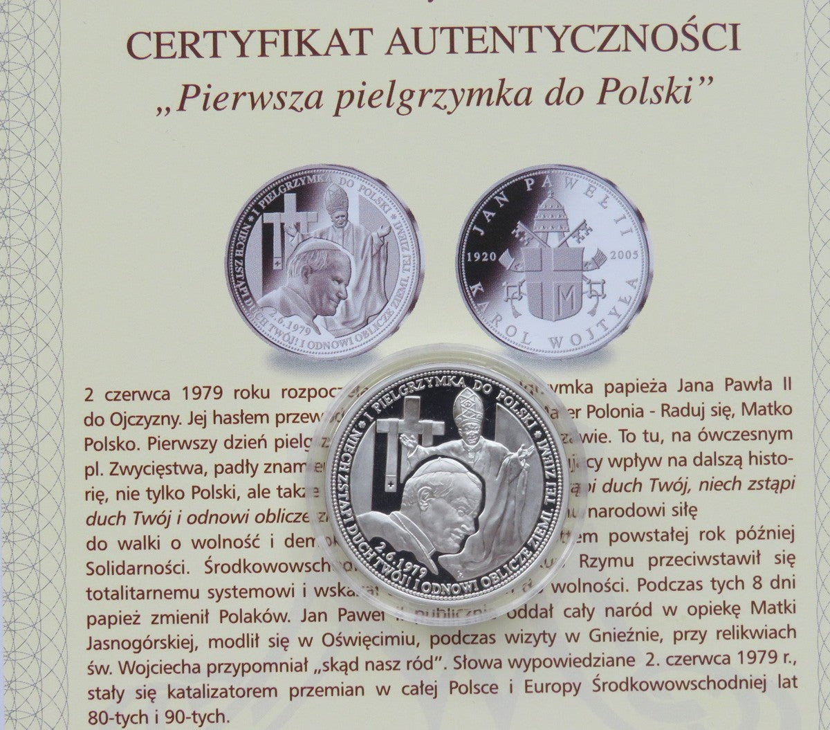 Polska, medal Pierwsza pielgrzymka do Polski, srebro certyfikat