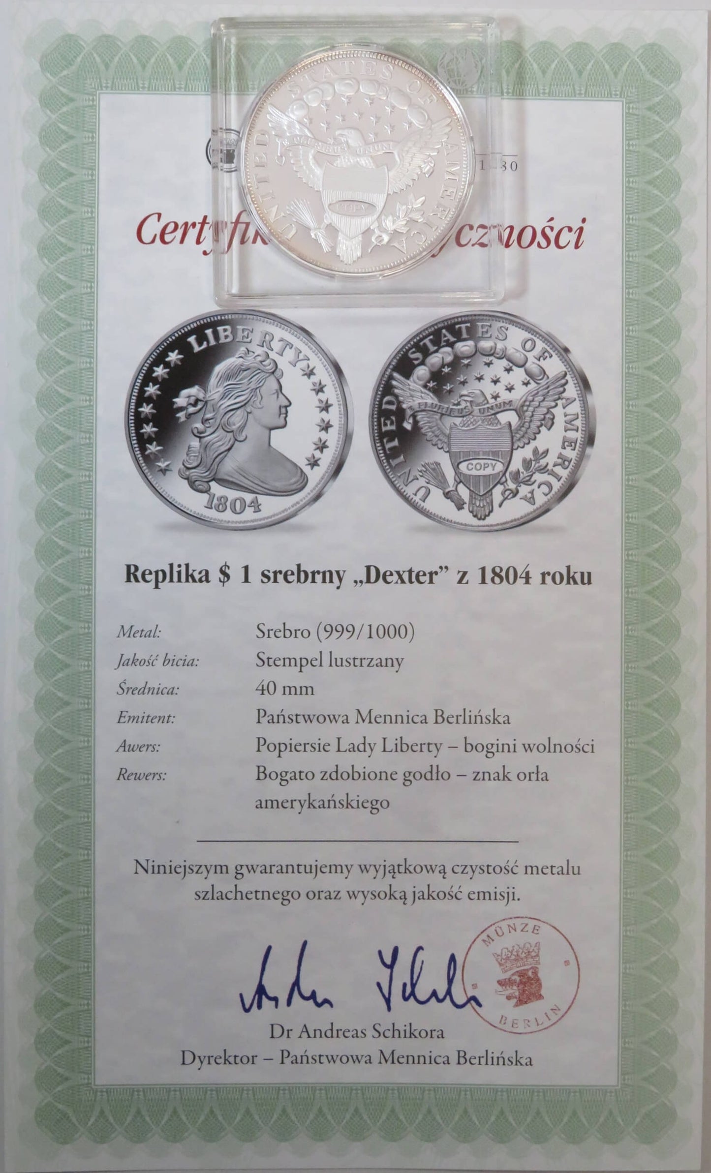 Replika / Kopia. USA 1$ srebrny "Dexter" 1804, srebro Ag999, 20g, certyfikat