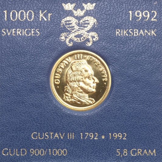 Szwecja 1000 koron, 1992, złoto Au900, 5.8g,  król Gustaw III