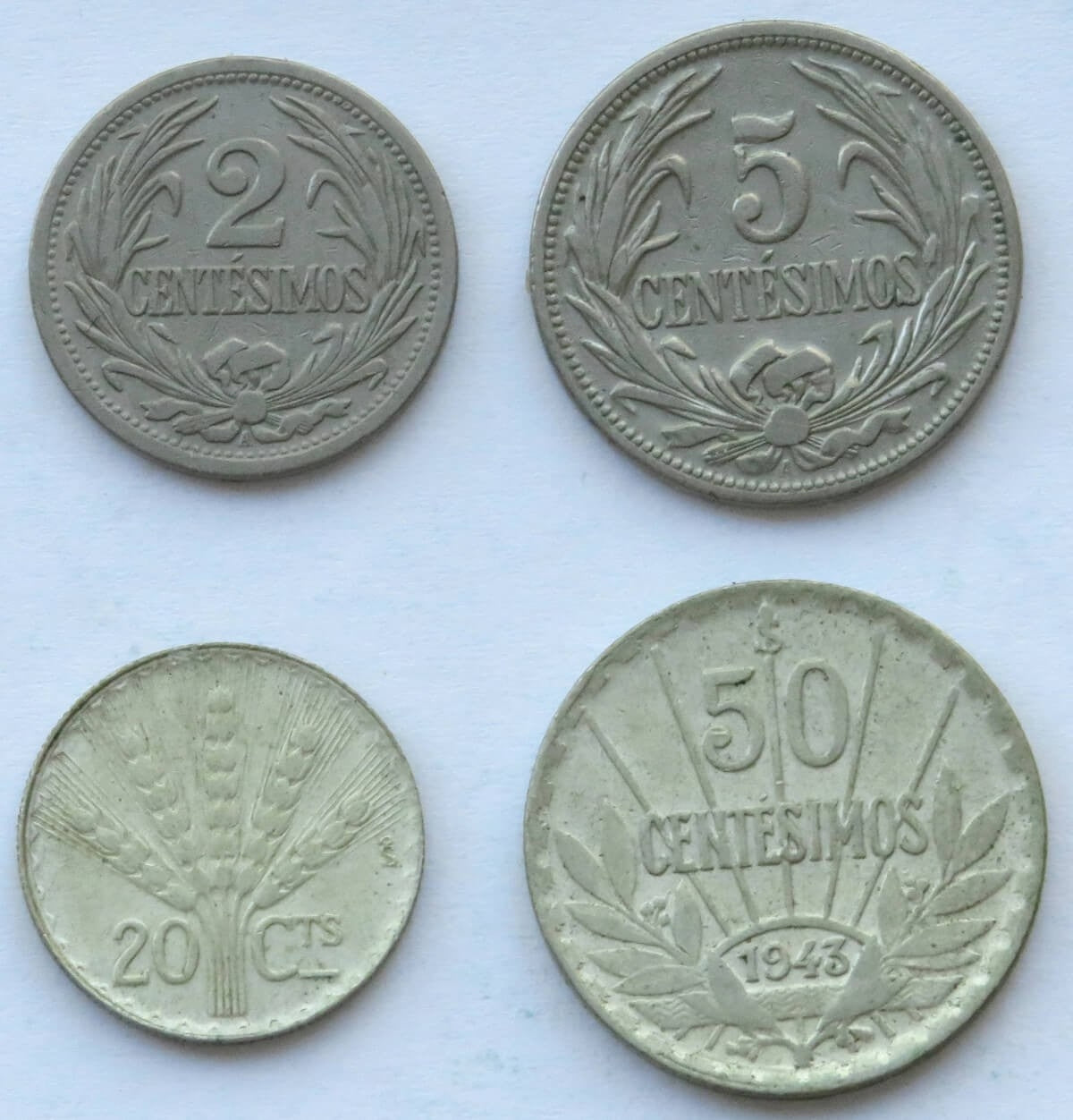 Urugwaj, 2, 5, 20, 50 centesimos, 1909-1943, również srebro