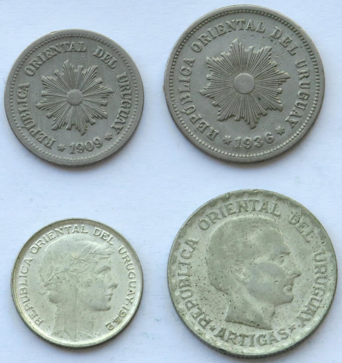 Urugwaj, 2, 5, 20, 50 centesimos, 1909-1943, również srebro