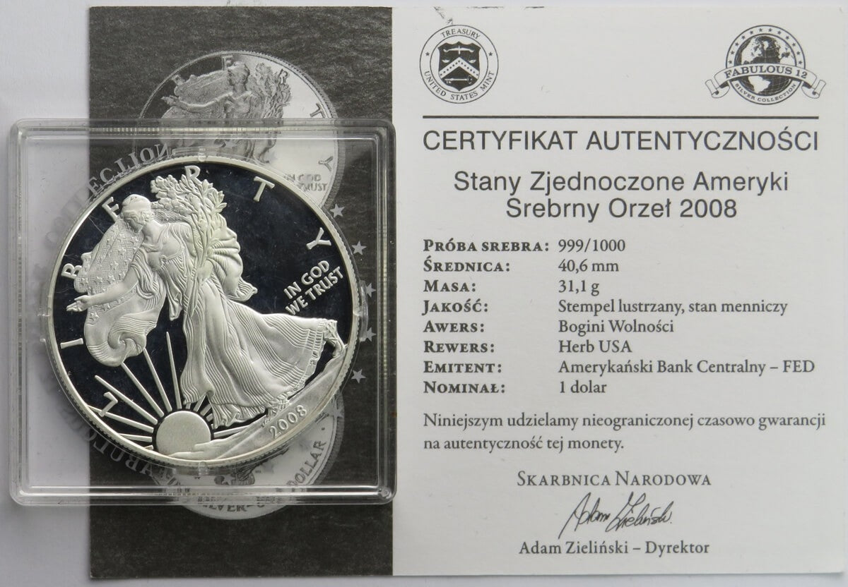 USA, 1 dolar "Srebrny Orzeł", 1 Oz, 2008, certyfikat, 1-